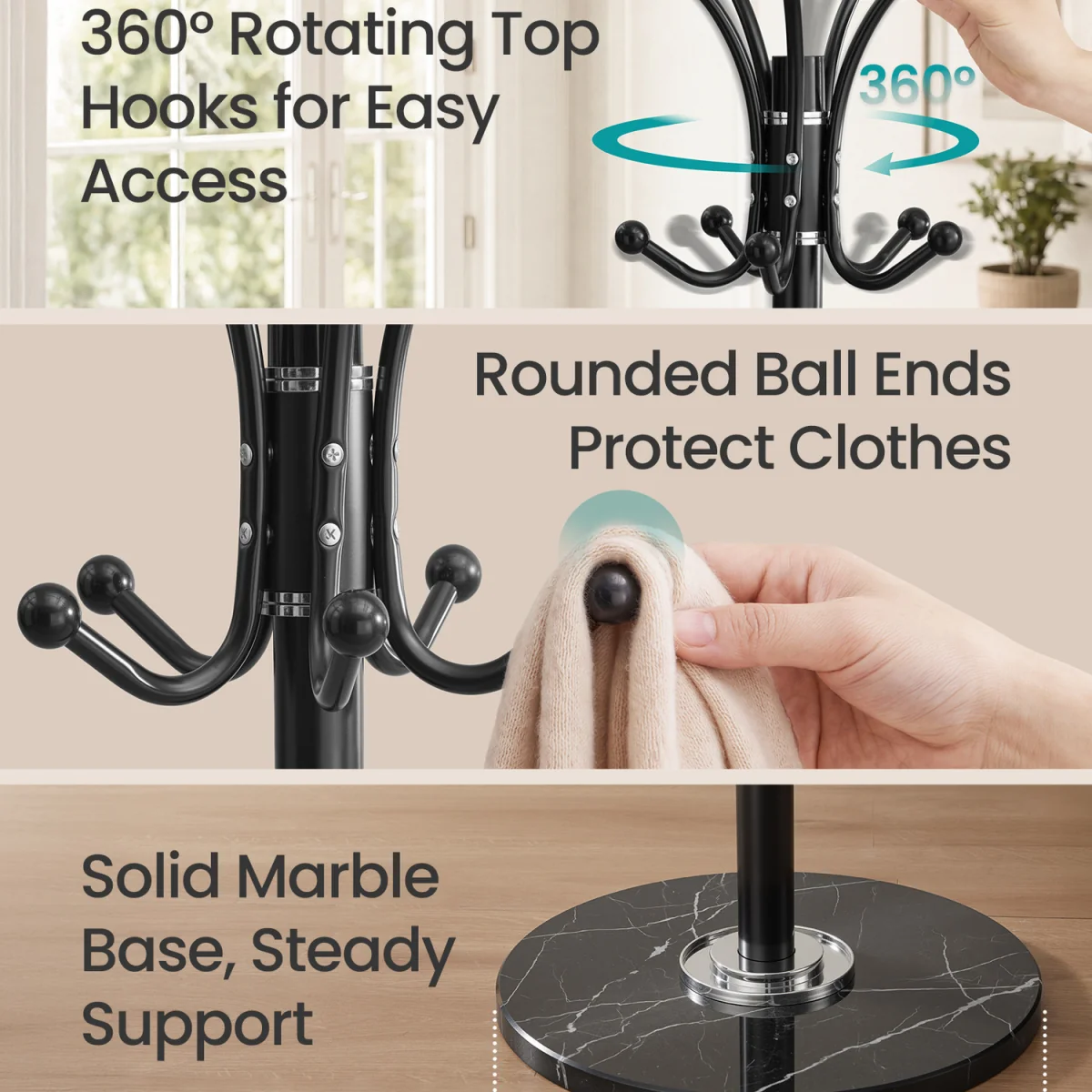 Freestanding Metal Coat Rack with Marble Base - Black – image 4