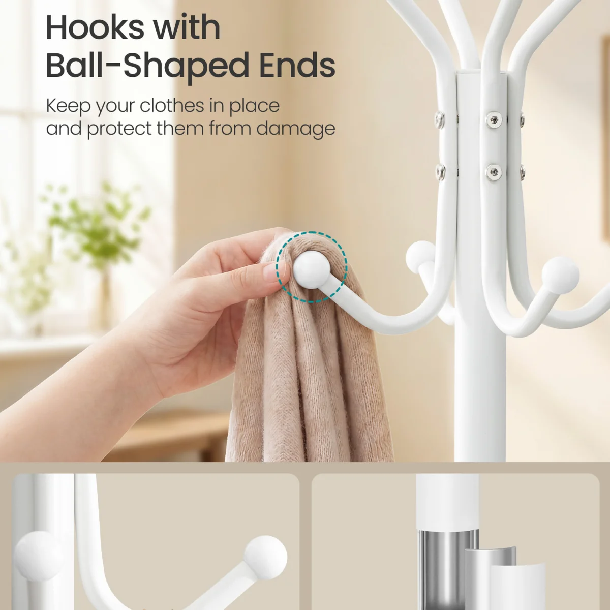 Freestanding Metal Coat Rack with Marble Base - White – image 3