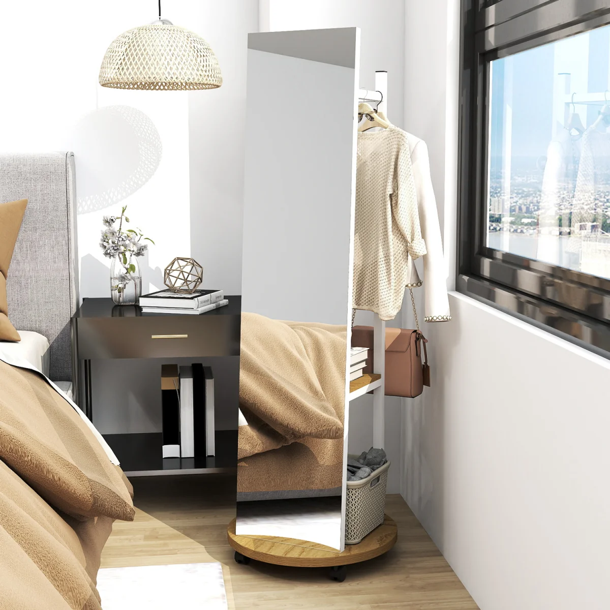 Coat Rack with Full Length Mirror - Natural – image 4