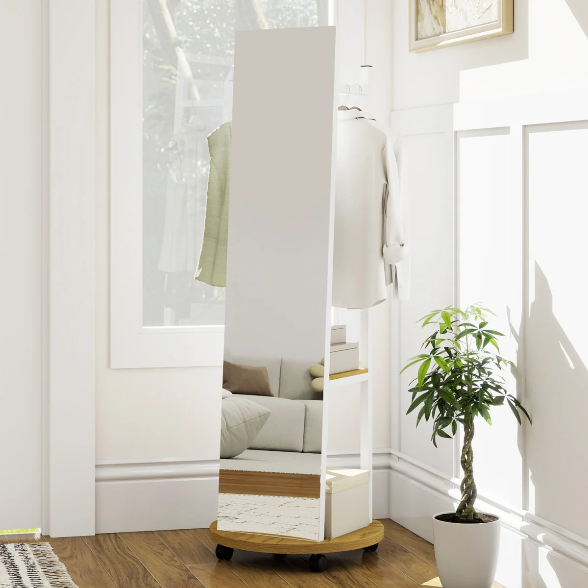Coat Rack with Full Length Mirror - Natural – image 5