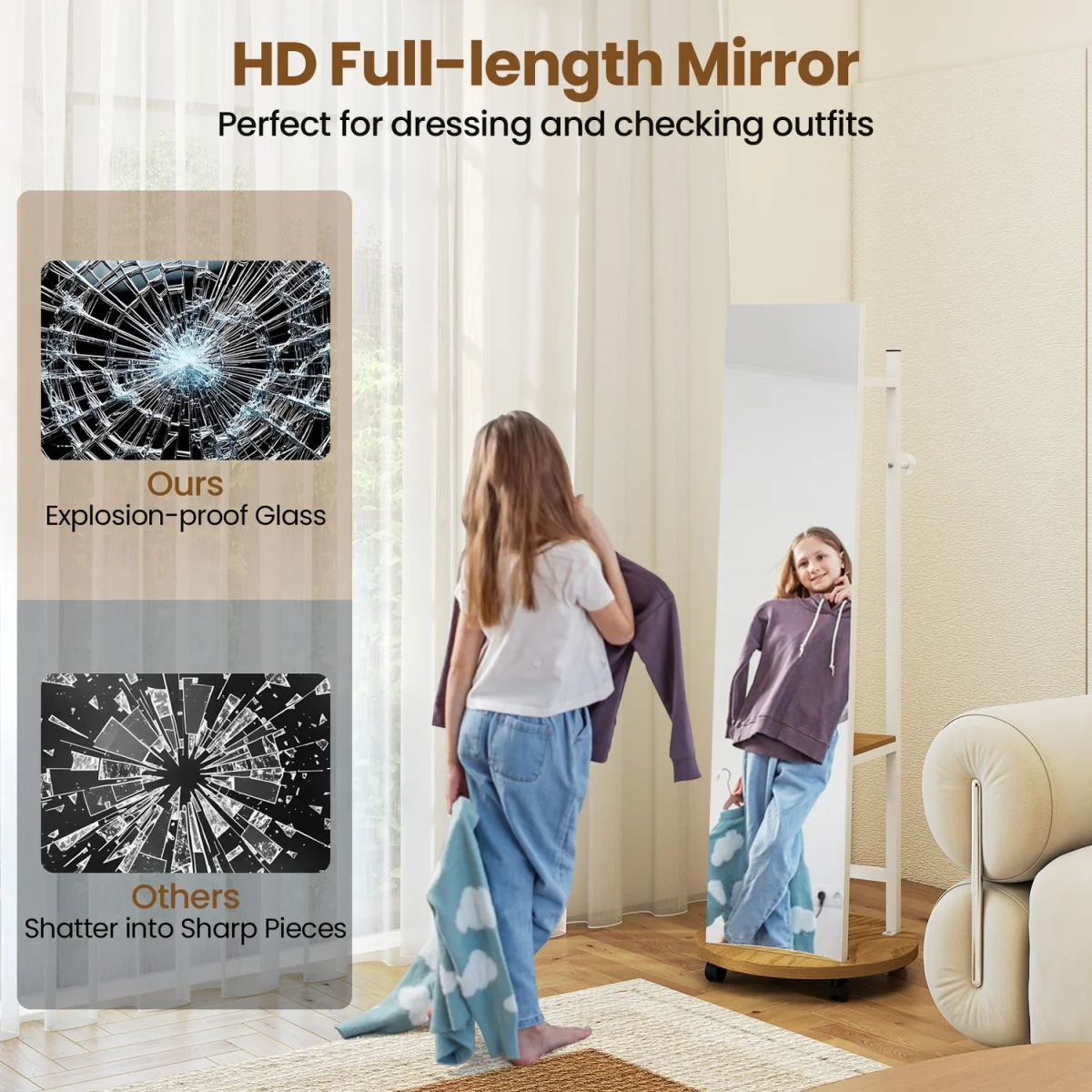Coat Rack with Full Length Mirror - Natural – image 10