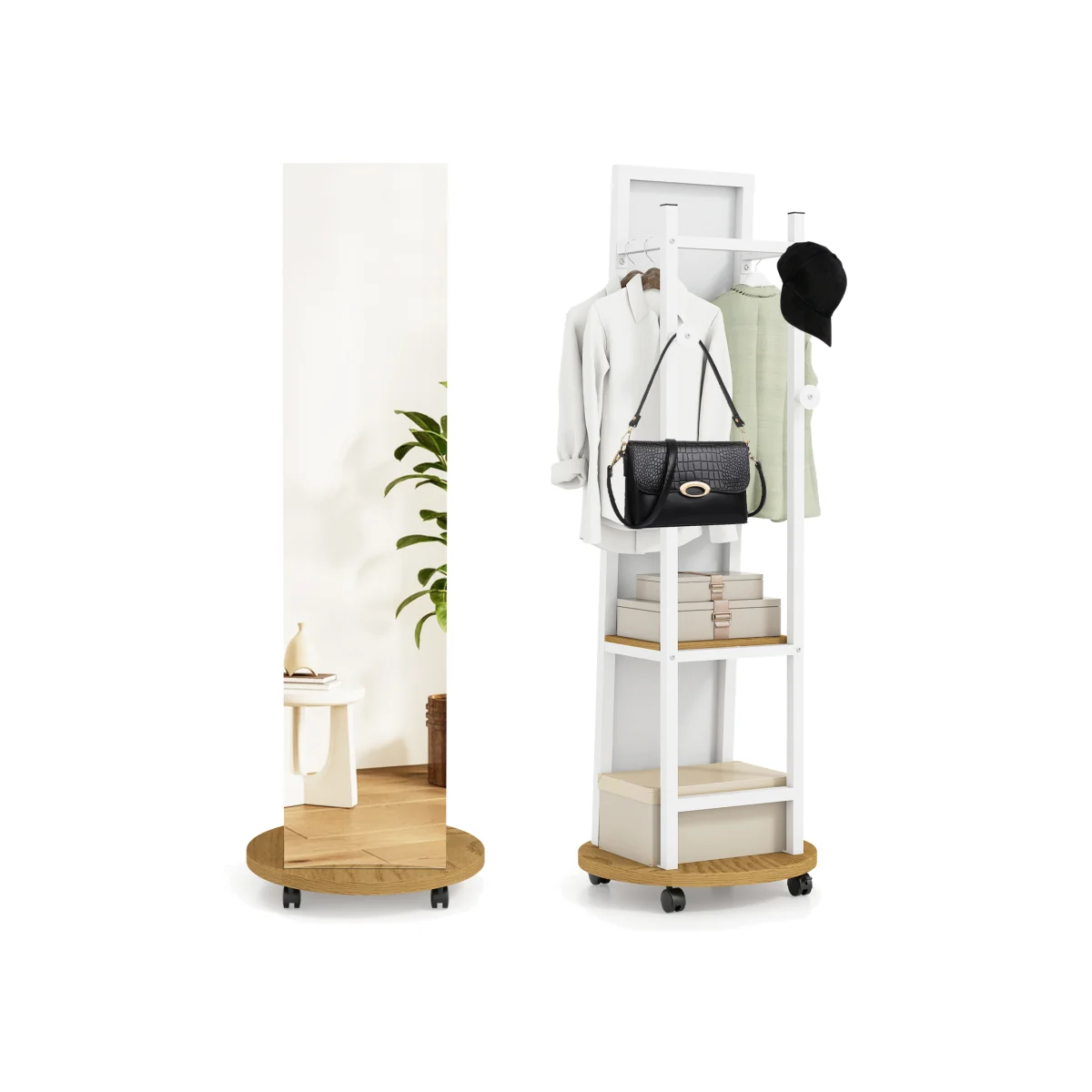 Coat Rack with Full Length Mirror - Natural – image 1