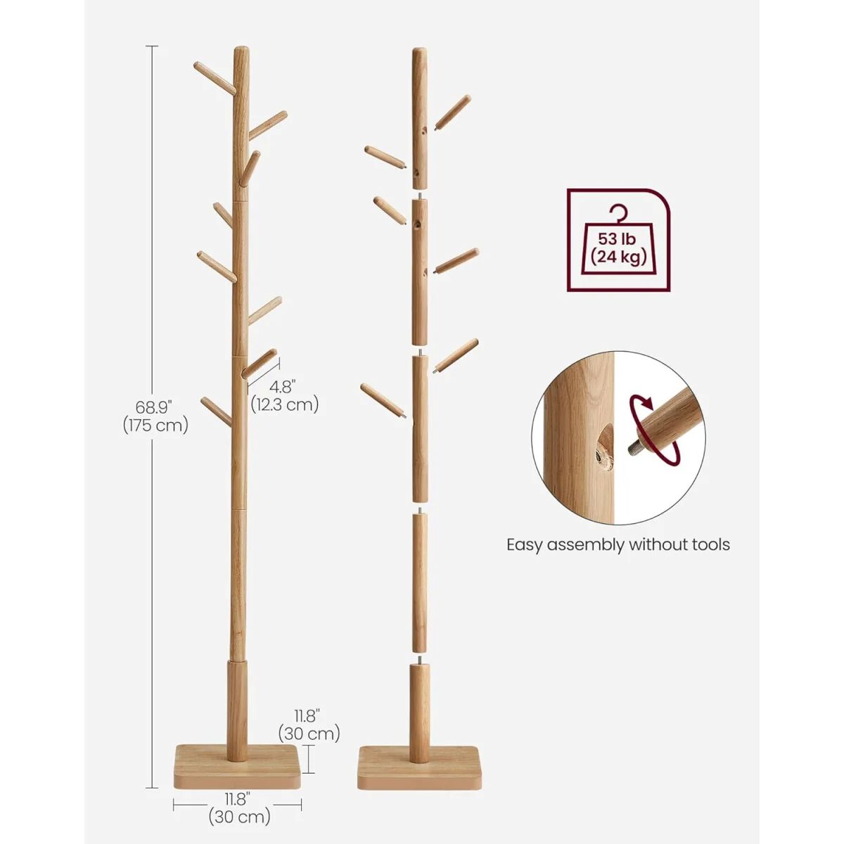 Freestanding Wooden Coat Rack Stand with 8 Hooks, Entryway Clothes Hanging Tree - Natural Beige – image 2