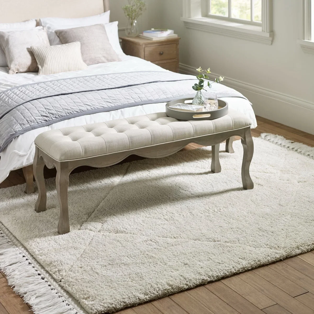 Camille - French-Style Bench - Oatmeal - Fabric/Wood - Happy Beds