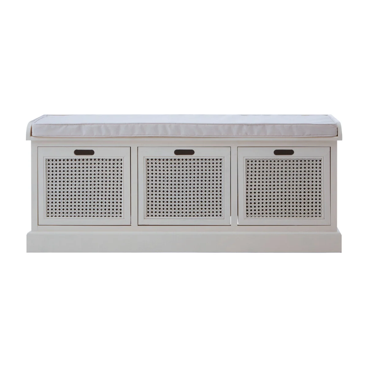 Heritage Wooden and Rattan 3 Drawer Storage Bench with Grey Cushion – image 1