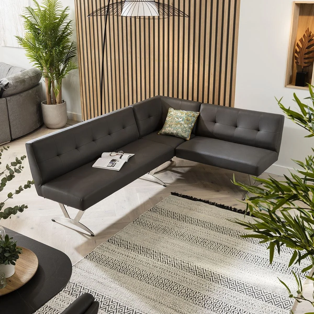 Modern Grey Faux Leather Kitchen Corner Dining Bench 5 Seat L/R – image 1