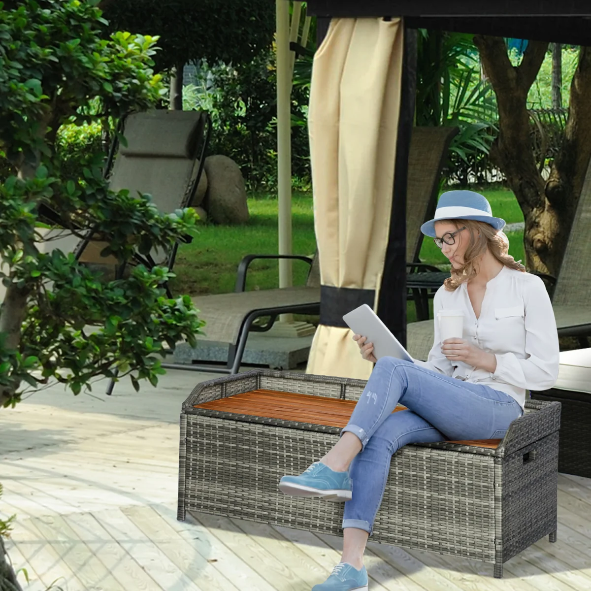 Patio Wicker Storage Bench Box - Grey – image 2