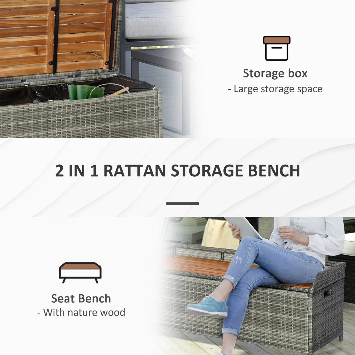 Patio Wicker Storage Bench Box - Grey – image 4