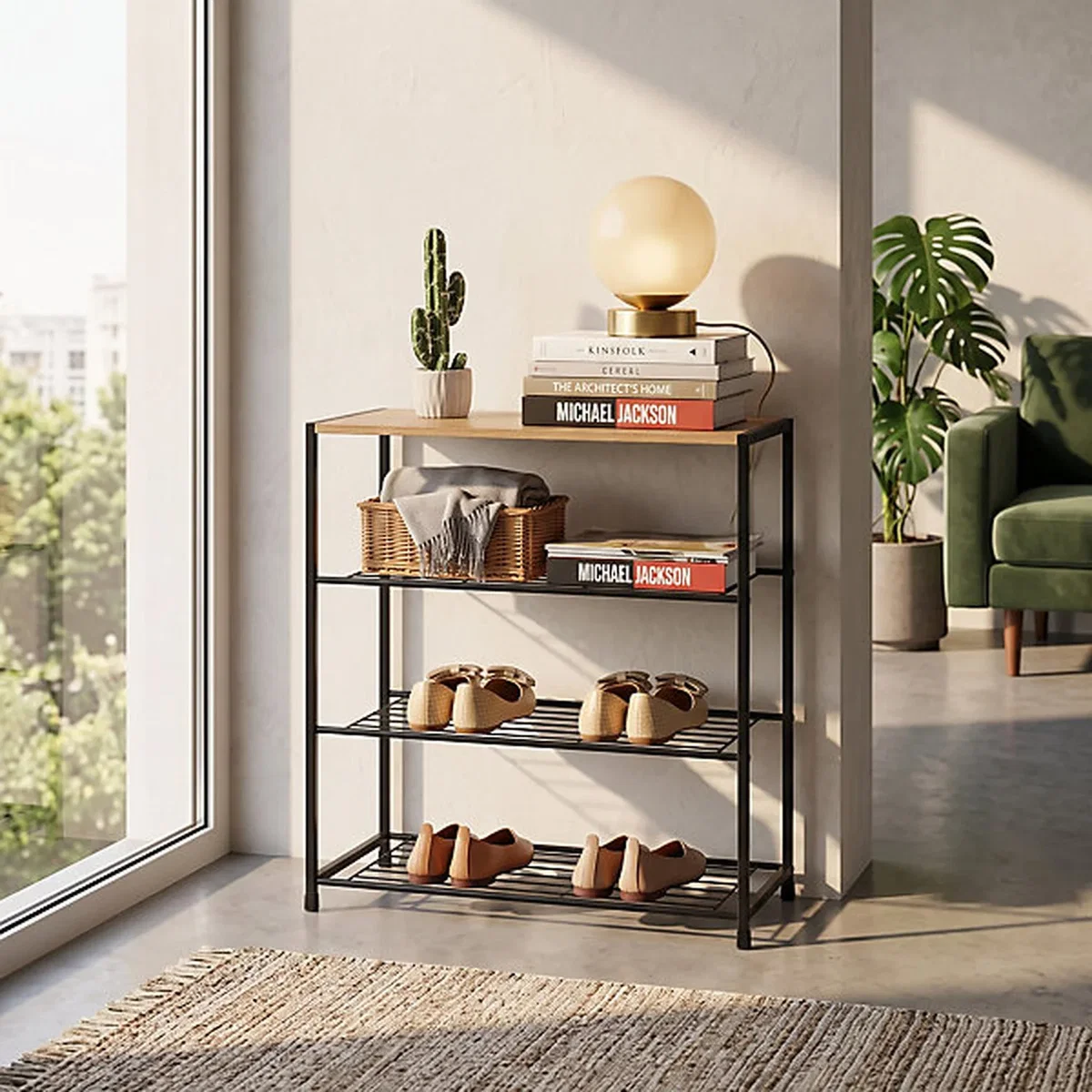 4 Tier Wooden Shoe Bench Metal Frame Storage Rack - black – image 2