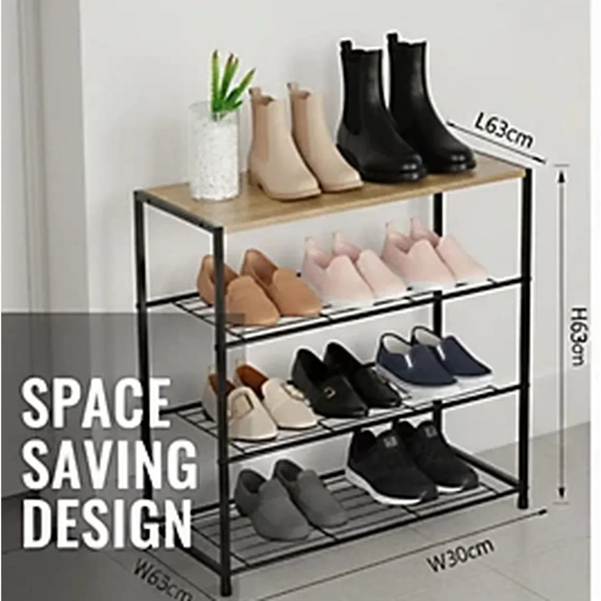 4 Tier Wooden Shoe Bench Metal Frame Storage Rack - black – image 3