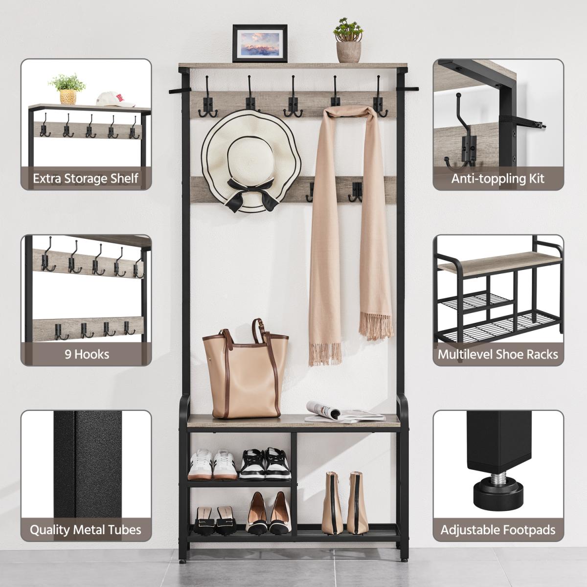 Multifunctional Hall Tree with Bench and Shoe Storage - Grey – image 2