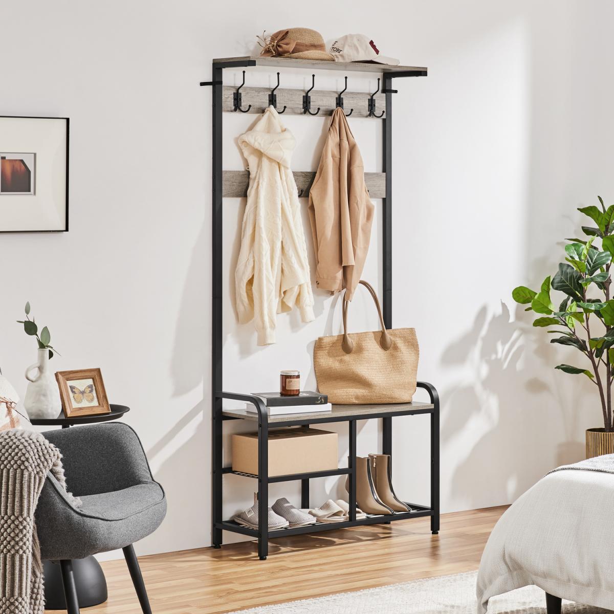 Multifunctional Hall Tree with Bench and Shoe Storage - Grey – image 7