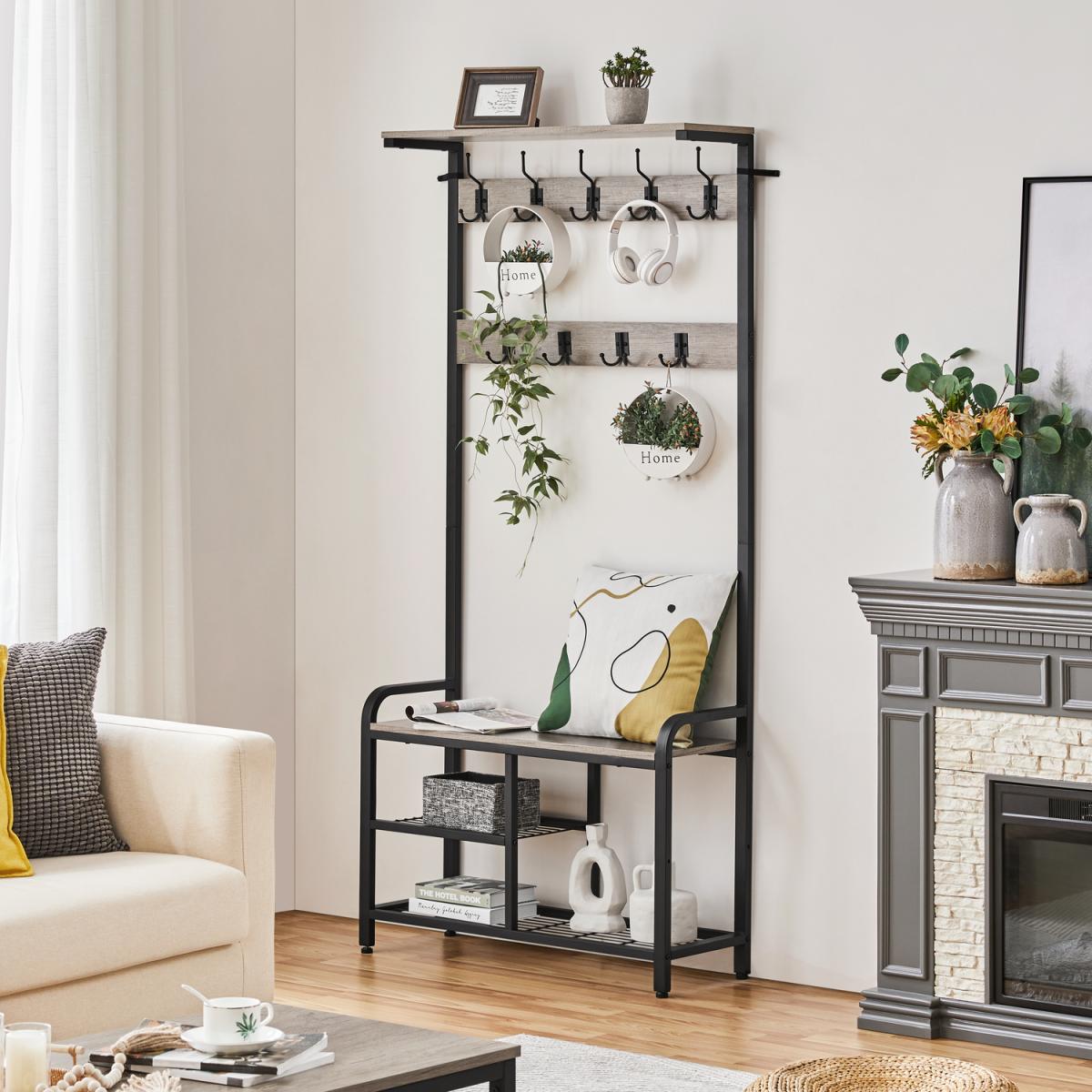 Multifunctional Hall Tree with Bench and Shoe Storage - Grey – image 8