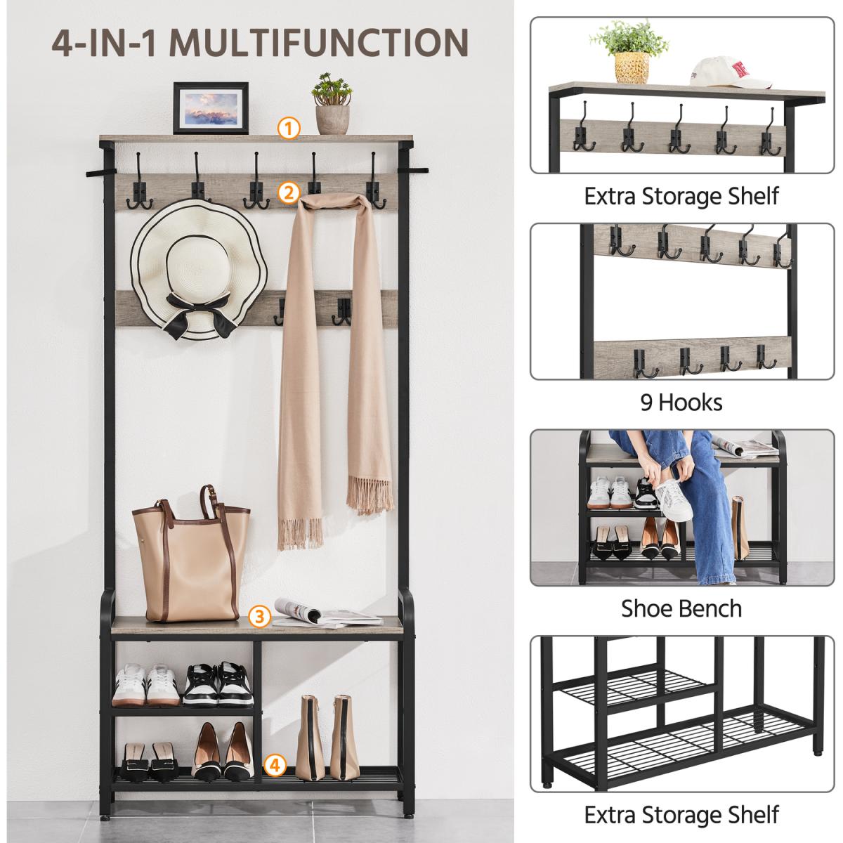Multifunctional Hall Tree with Bench and Shoe Storage - Grey – image 9