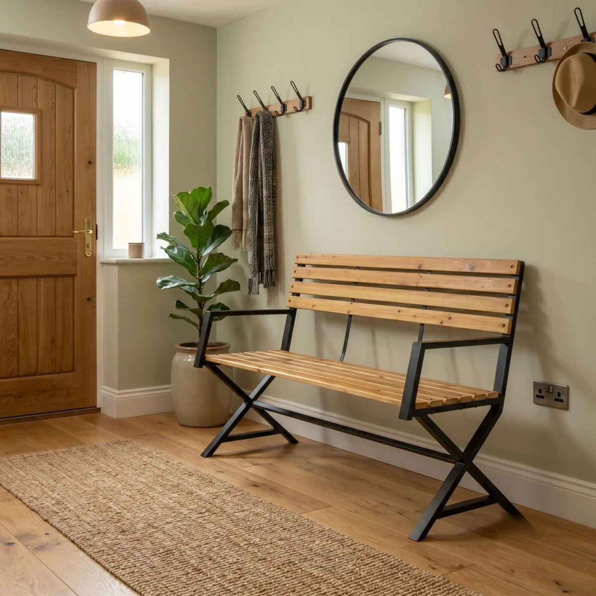 Kendal 2 Seater Cross Frame Wooden & Metal Indoor Bench - Brown – image 1