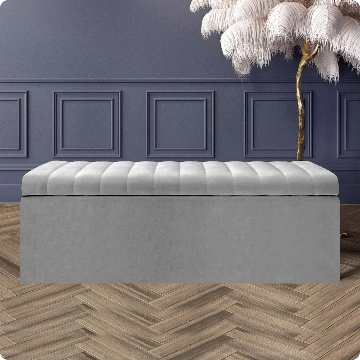 Safar Ottoman Storage Box, Plush Velvet Striped Upholstered Blanket Chest, End of Bed Bench - Mink Plush Velvet – image 17