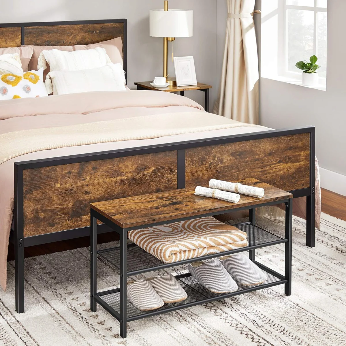 Shoe Storage Bench with Seating Cushion and Mesh Shelving, Industrial Entryway Rack - Rustic Brown and Black – image 3