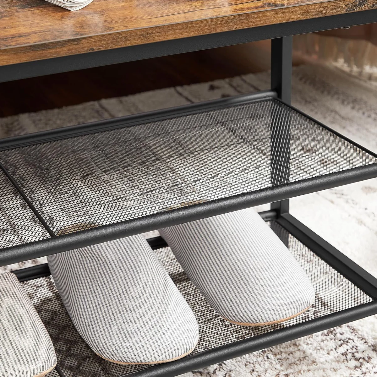 Shoe Storage Bench with Seating Cushion and Mesh Shelving, Industrial Entryway Rack - Rustic Brown and Black – image 4