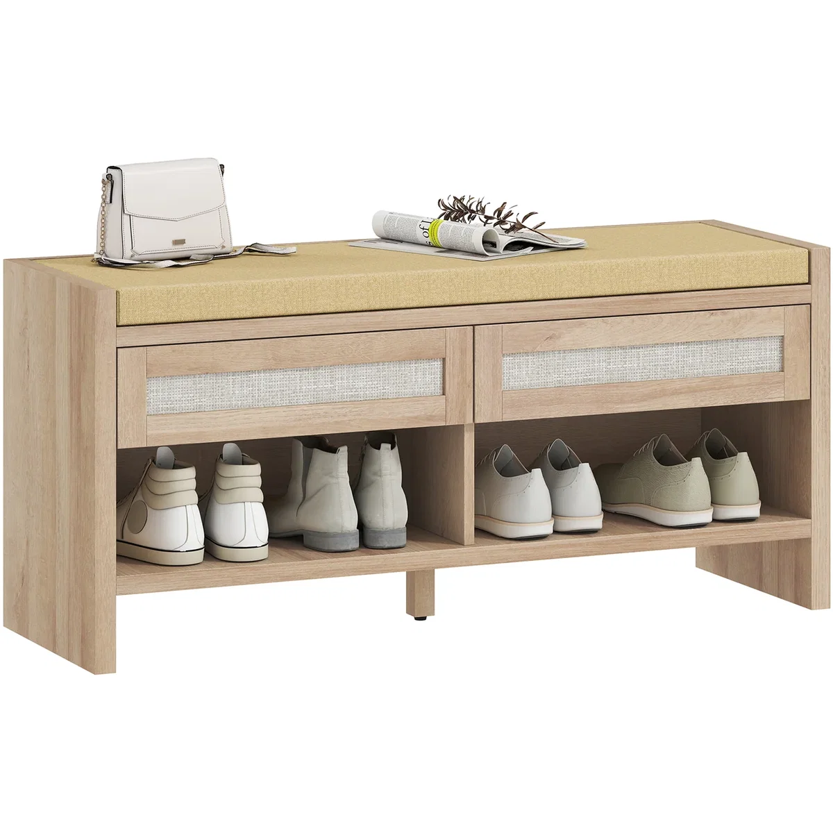HOMCOM Shoe Bench with 2 Rattan Drawers Cushion - Oak Wood Effect – image 2