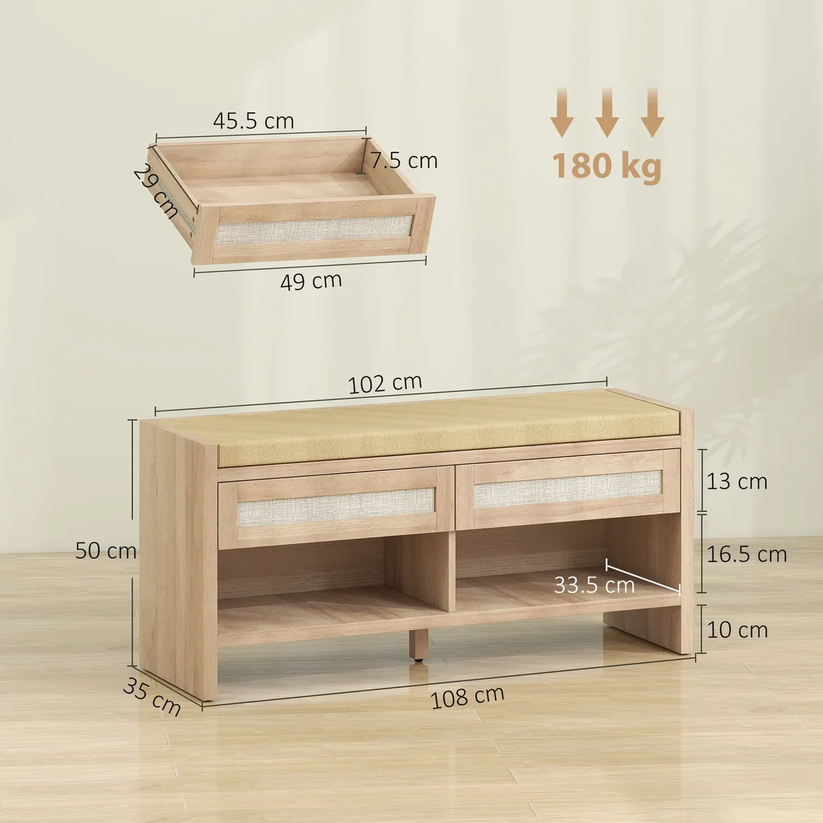 HOMCOM Shoe Bench with 2 Rattan Drawers Cushion - Oak Wood Effect – image 3
