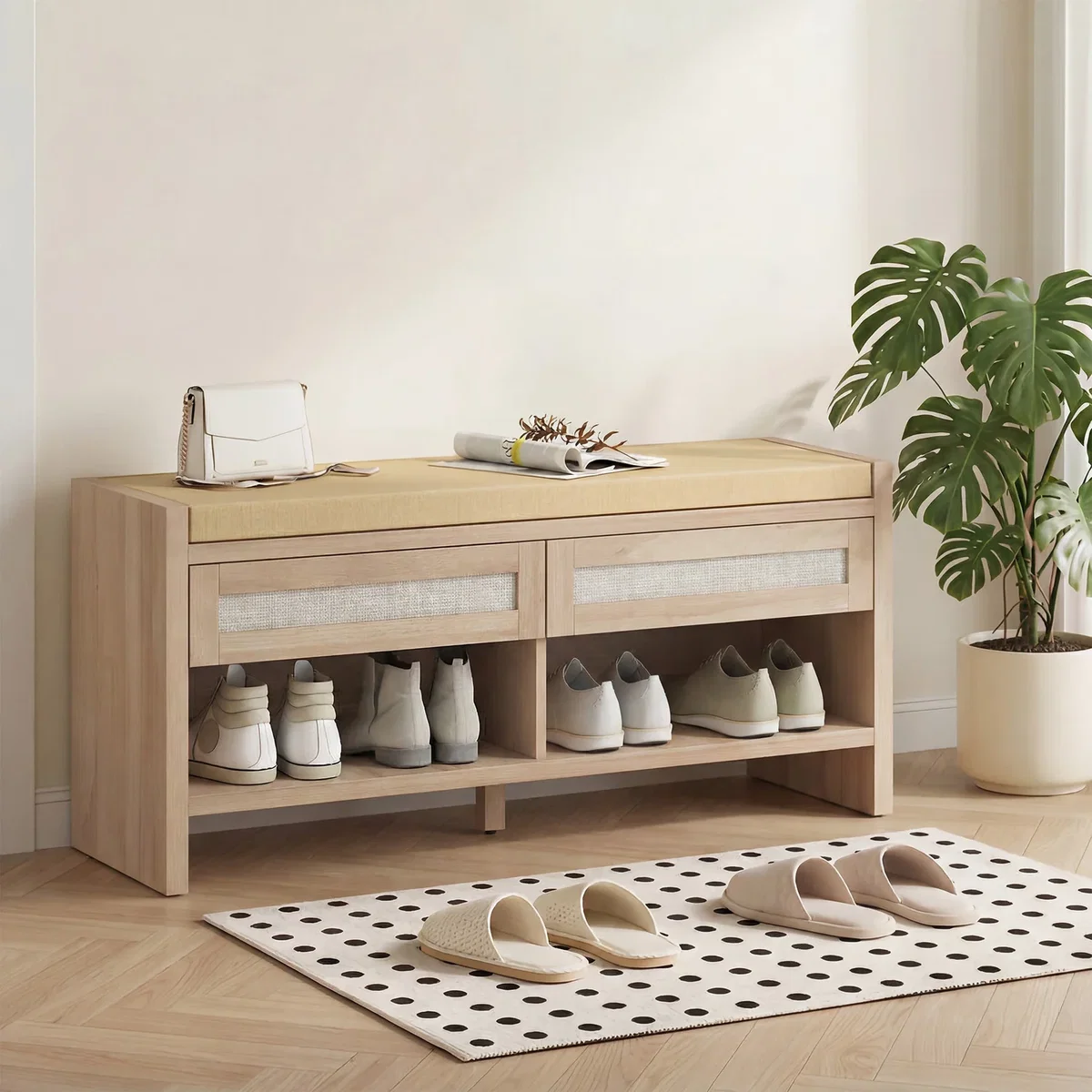 HOMCOM Shoe Bench with 2 Rattan Drawers Cushion - Oak Wood Effect – image 8