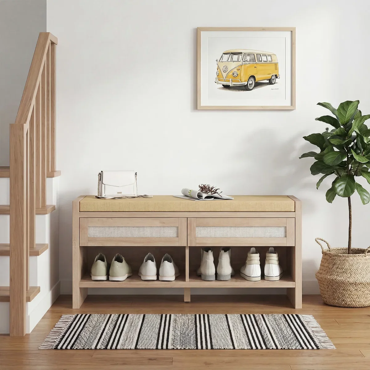 HOMCOM Shoe Bench with 2 Rattan Drawers Cushion - Oak Wood Effect – image 9
