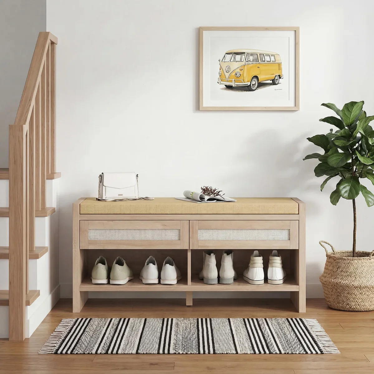 HOMCOM Shoe Bench with 2 Rattan Drawers Cushion - Oak Wood Effect – image 10