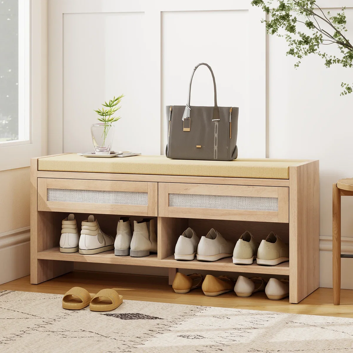 HOMCOM Shoe Bench with 2 Rattan Drawers Cushion - Oak Wood Effect – image 1
