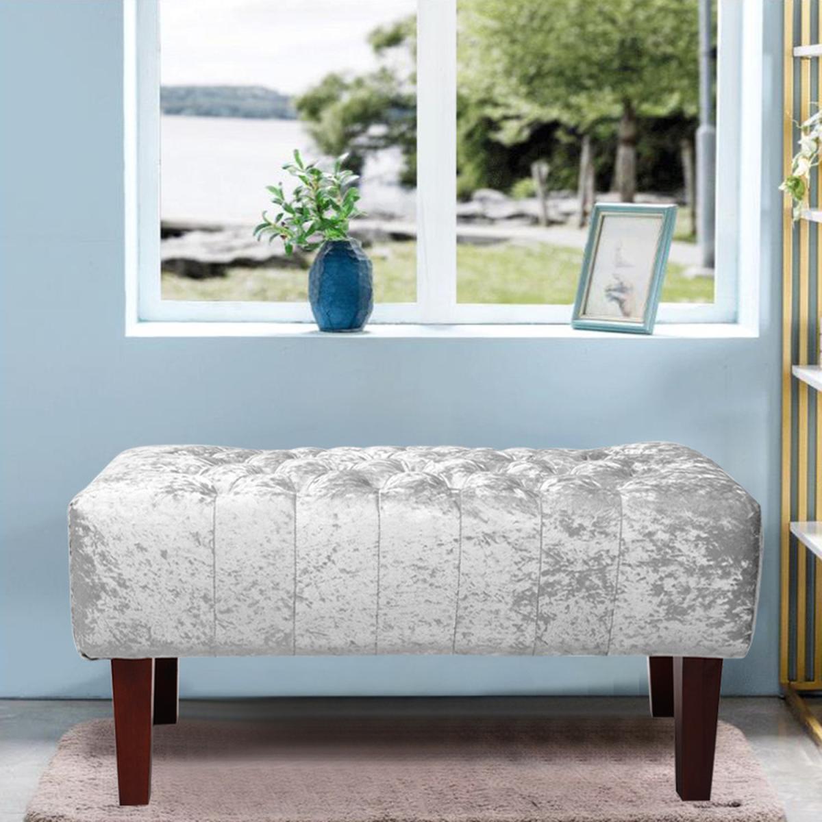 Crushed Velvet Chesterfield Buttoned Footstool Bench - Ice Grey – image 3