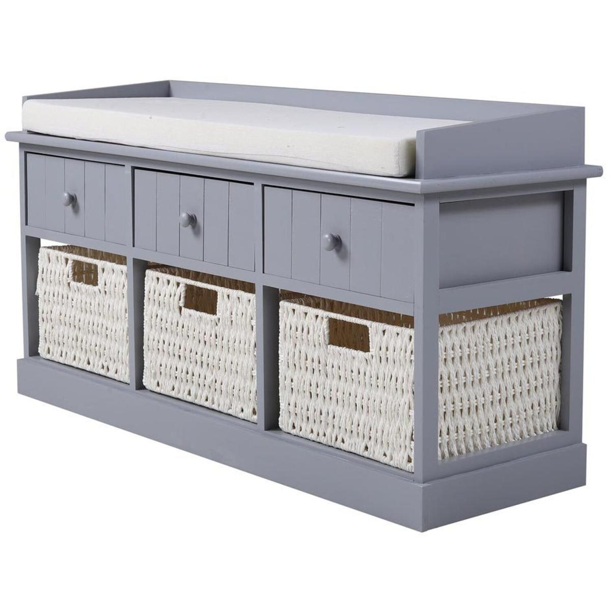 Hallway Sponge Cushion Bench with 3 Rattan Storage Baskets - Grey – image 2