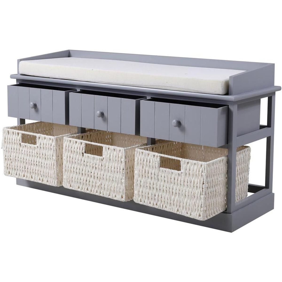 Hallway Sponge Cushion Bench with 3 Rattan Storage Baskets - Grey – image 3