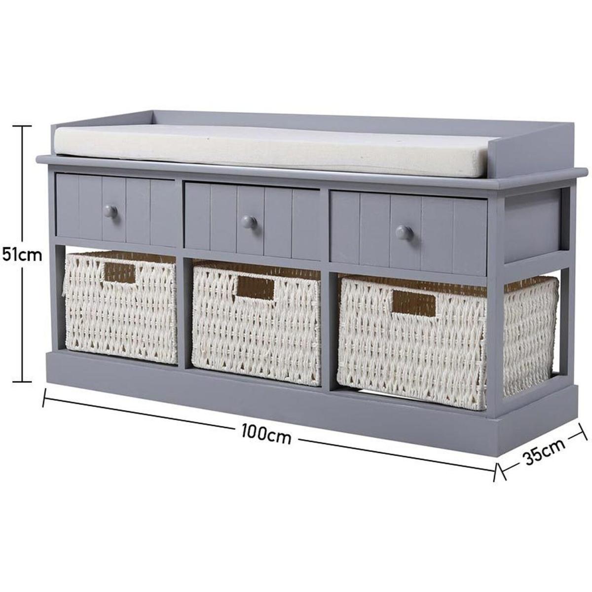 Hallway Sponge Cushion Bench with 3 Rattan Storage Baskets - Grey – image 5