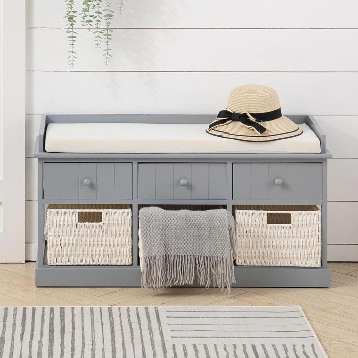 Hallway Sponge Cushion Bench with 3 Rattan Storage Baskets - Grey – image 7