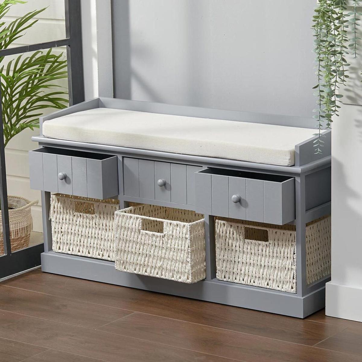 Hallway Sponge Cushion Bench with 3 Rattan Storage Baskets - Grey – image 1