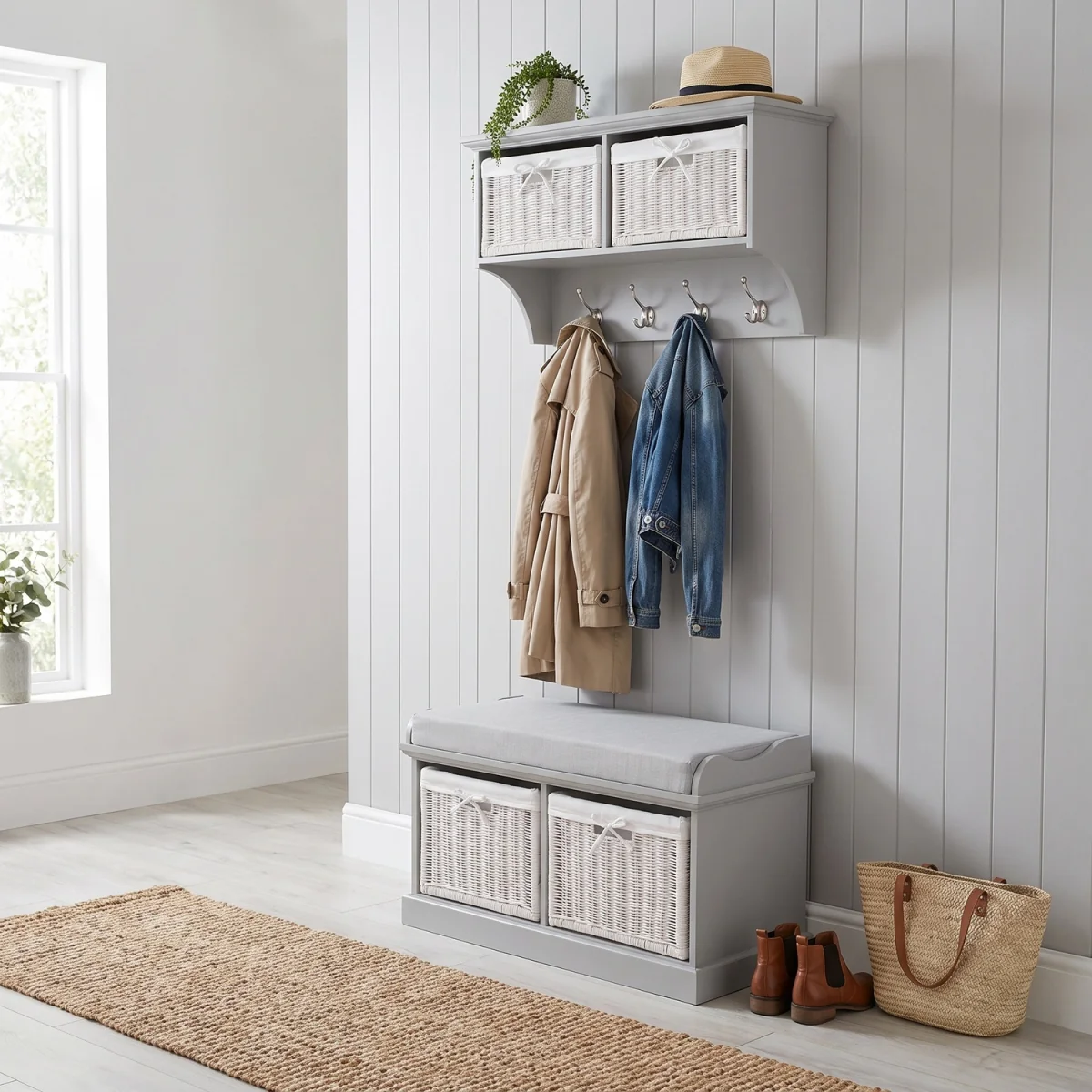 Tetbury Hallway Bench and Hanging Shelf Set With White Baskets - Small - dove grey
