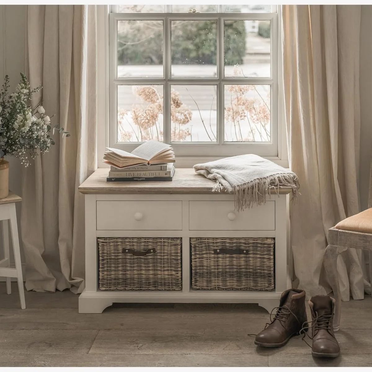 Florence Storage Bench with 2 Baskets - White