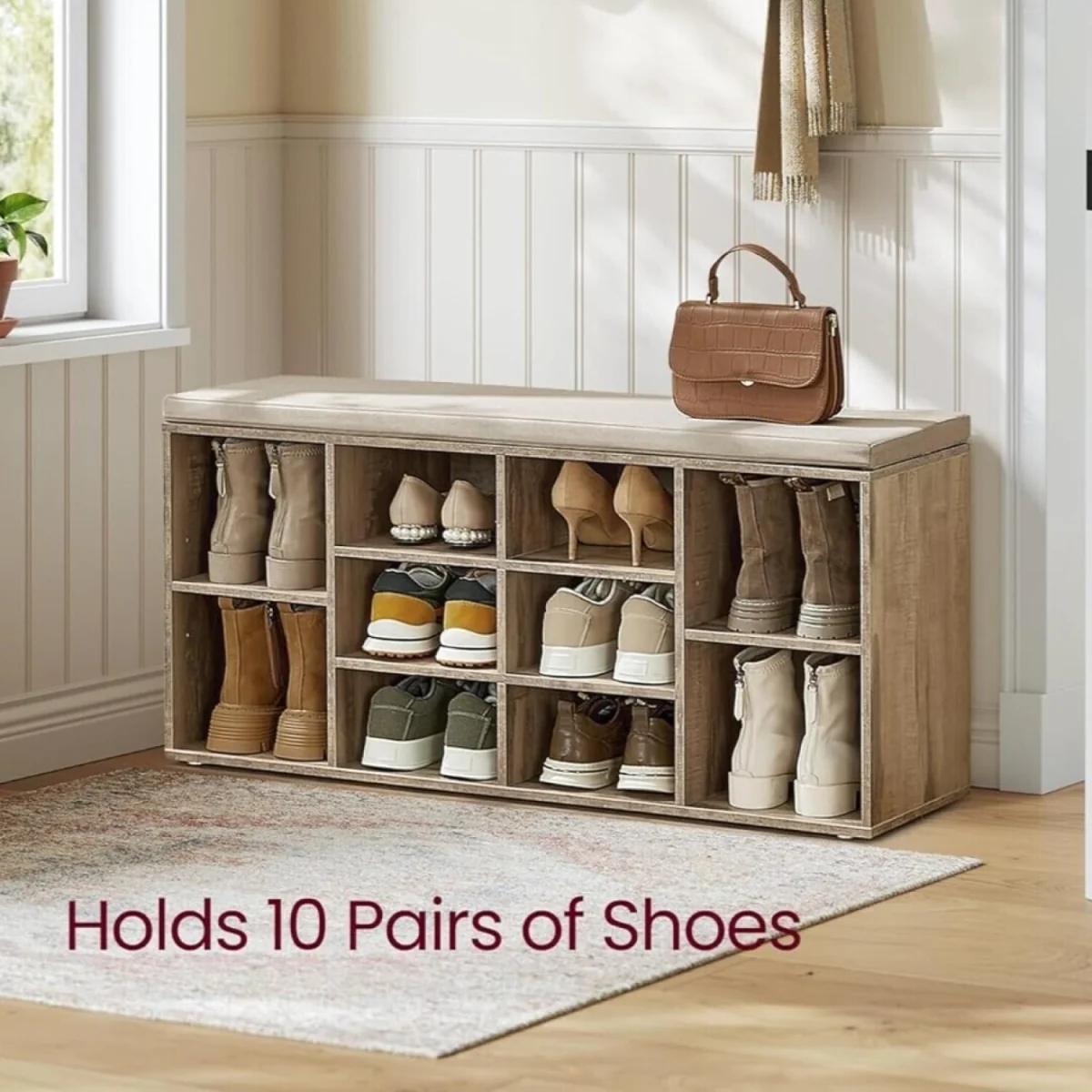 Shoe Storage Bench with Cushion Top, 10 Compartments and Adjustable Shelving - Camel Brown – image 2