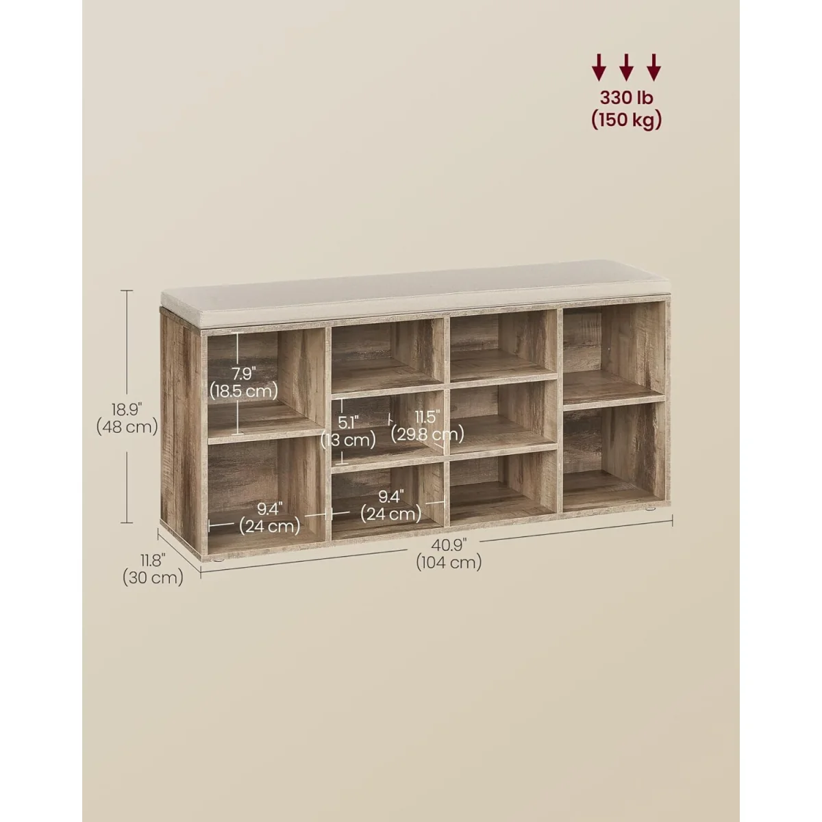 Shoe Storage Bench with Cushion Top, 10 Compartments and Adjustable Shelving - Camel Brown – image 3