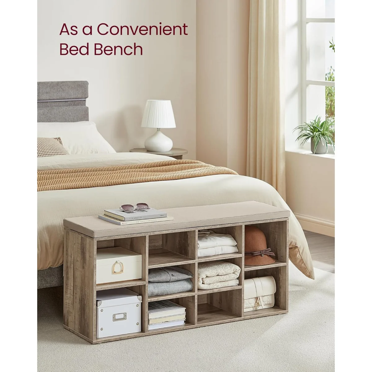 Shoe Storage Bench with Cushion Top, 10 Compartments and Adjustable Shelving - Camel Brown – image 5