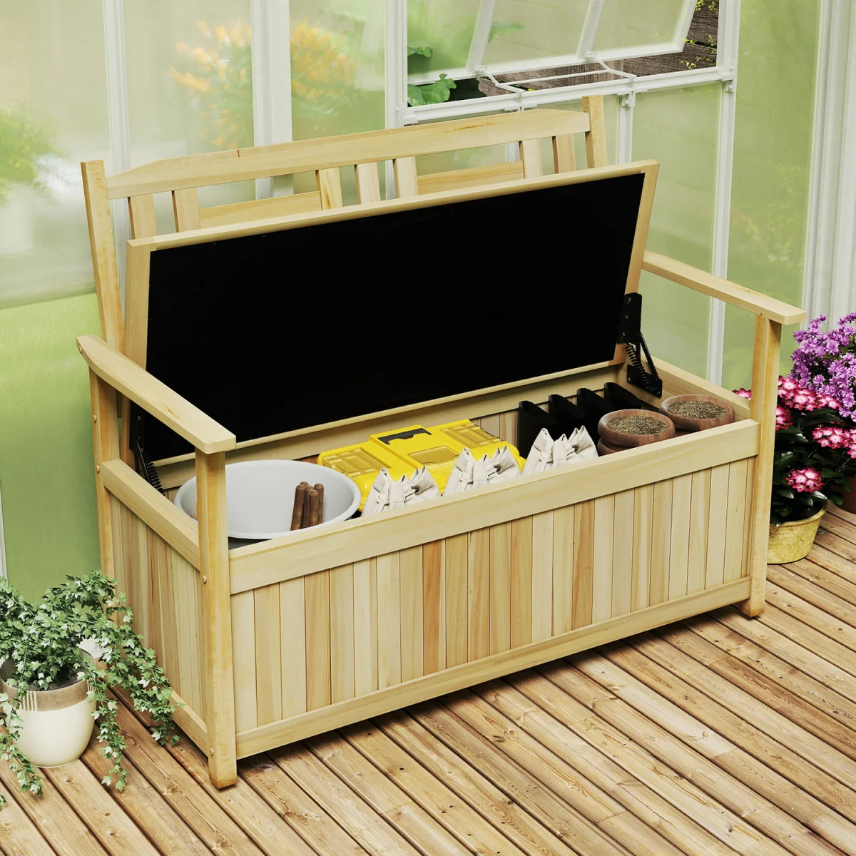 185L Wooden Backrest Patio Storage Bench - Brown – image 4
