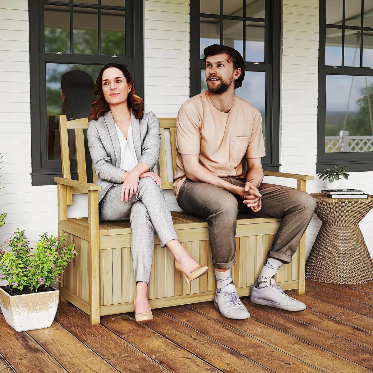 185L Wooden Backrest Patio Storage Bench - Brown – image 5
