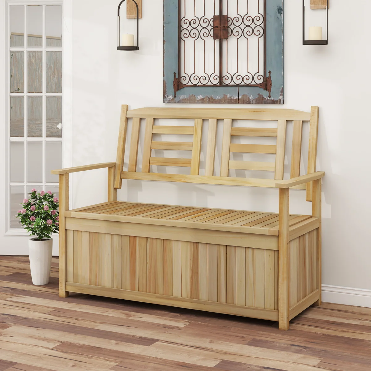 185L Wooden Backrest Patio Storage Bench - Brown – image 6