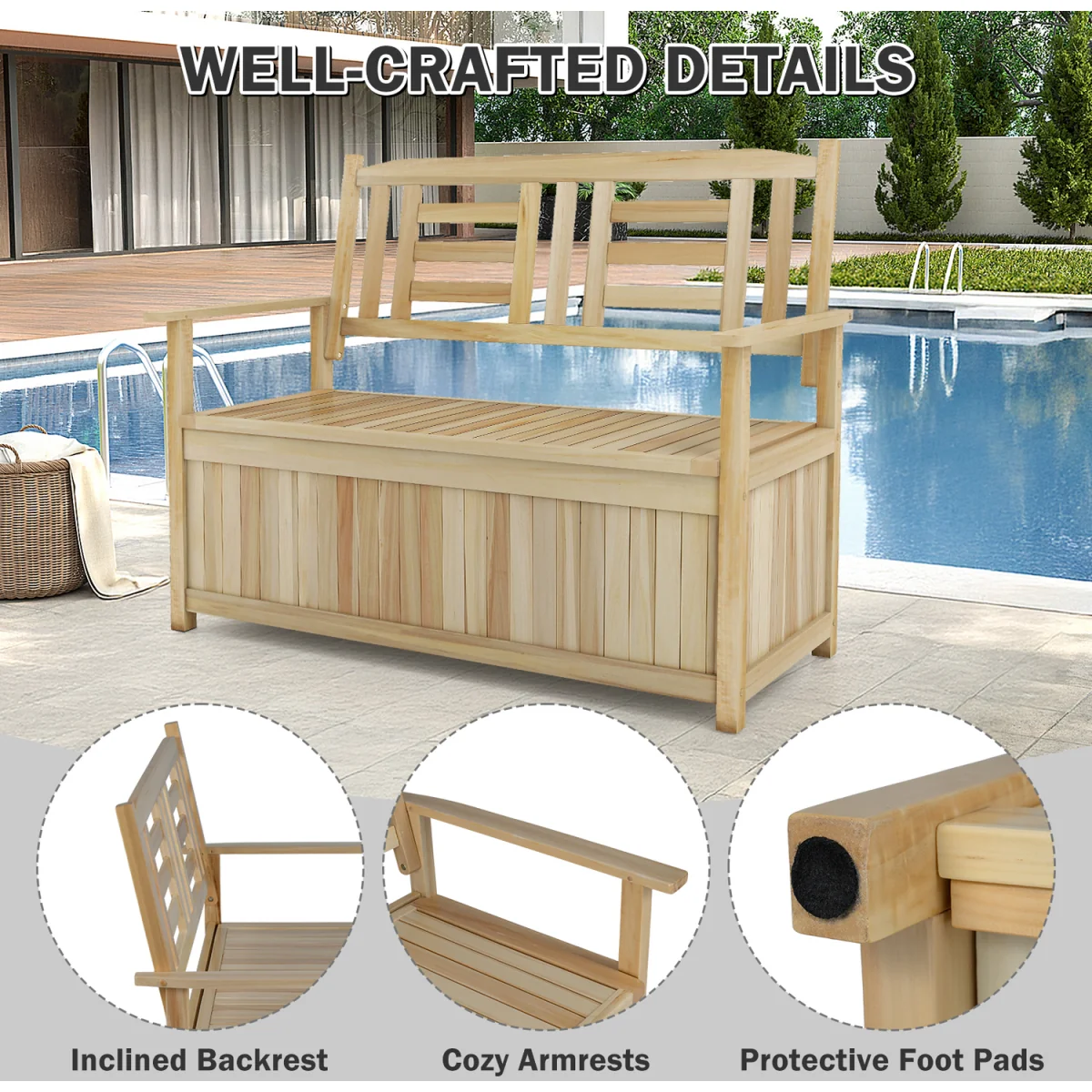 185L Wooden Backrest Patio Storage Bench - Brown – image 8