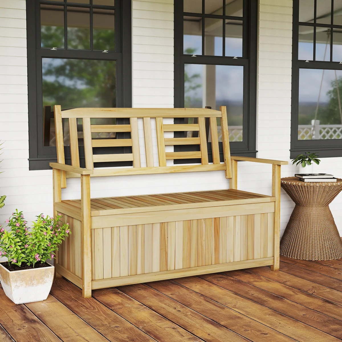 185L Wooden Backrest Patio Storage Bench - Brown – image 9