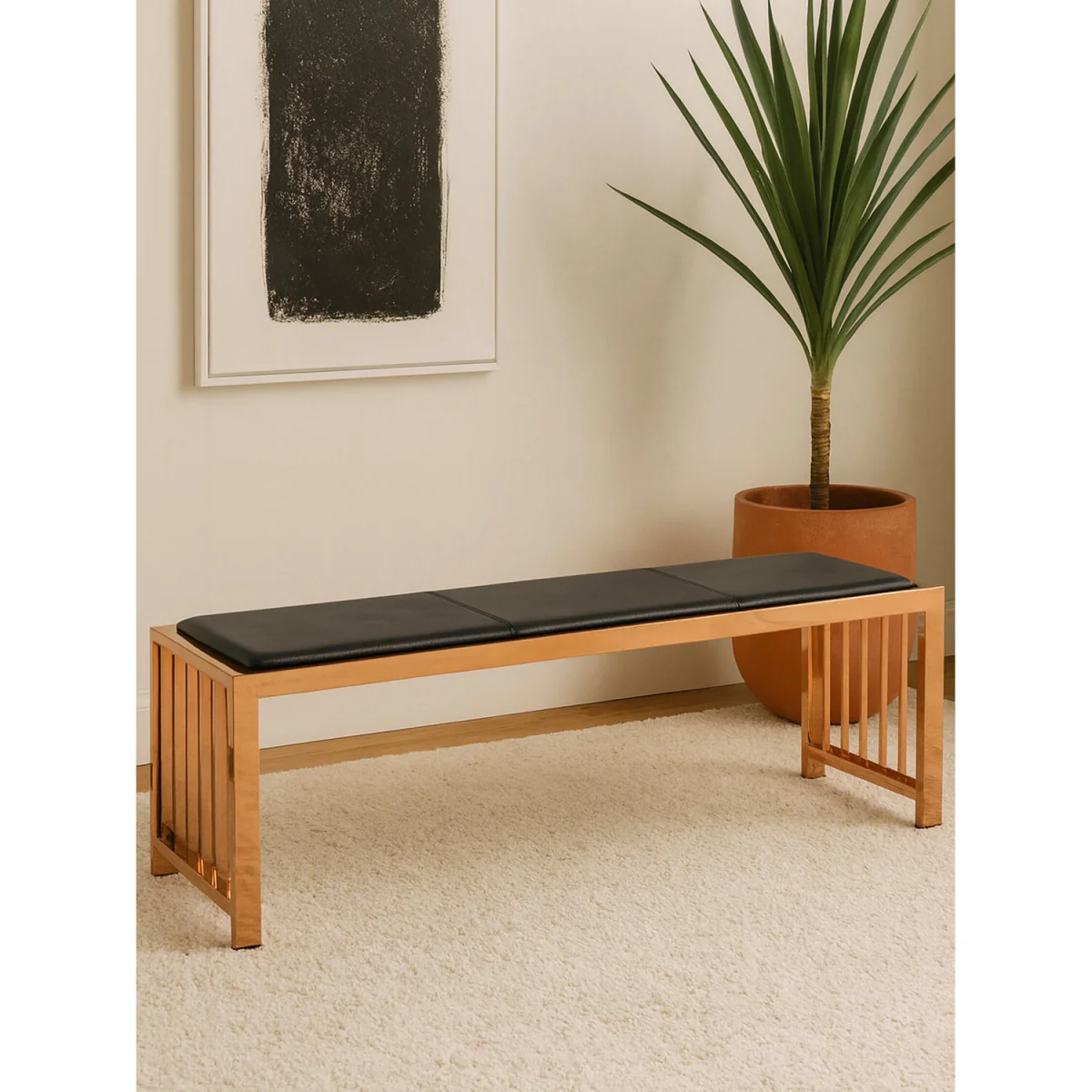 Novara Black Leather and Rose Gold Finish Bench - Gold – image 2