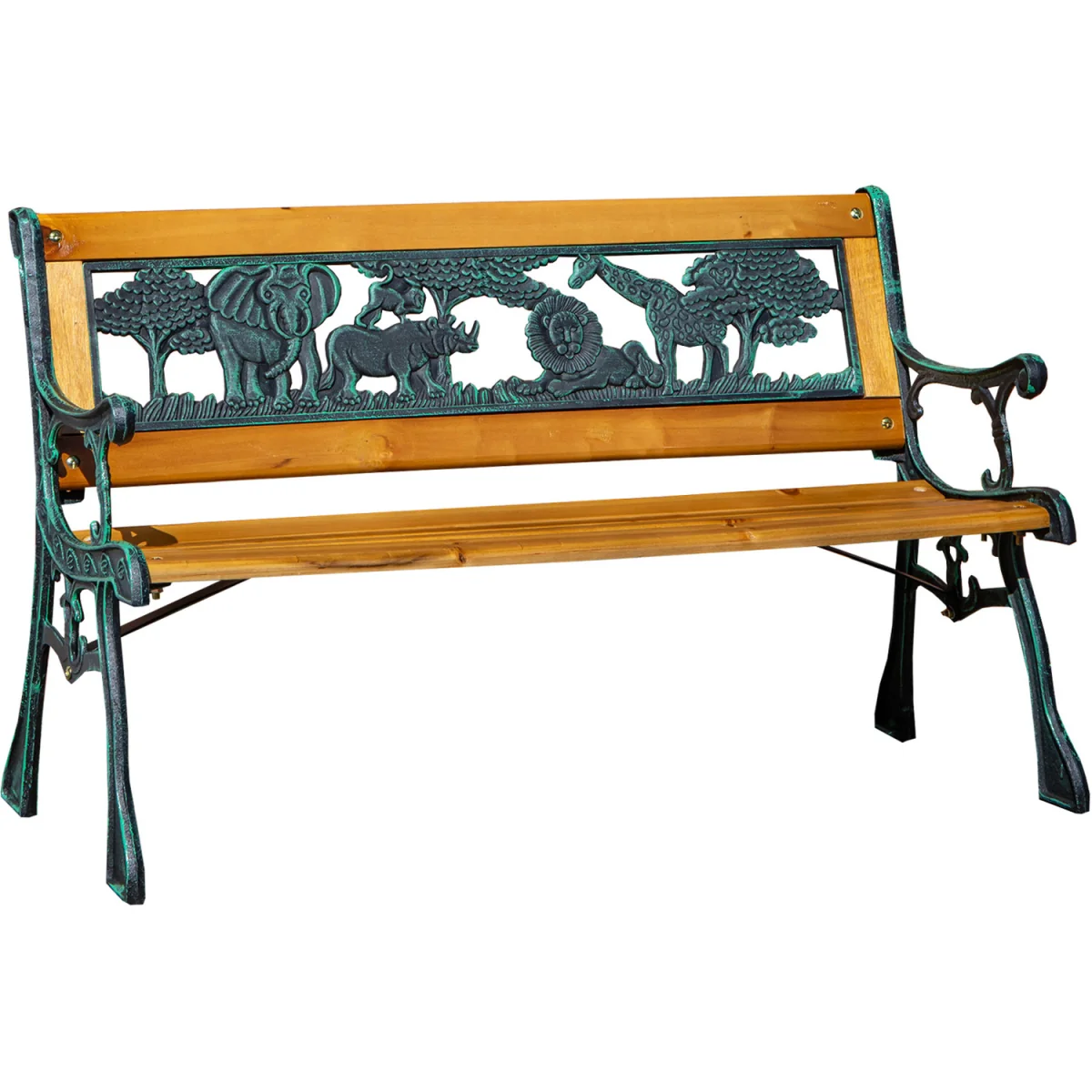 2 Seater Wooden and Cast Iron Children Bench with Animal Design - Brown – image 2