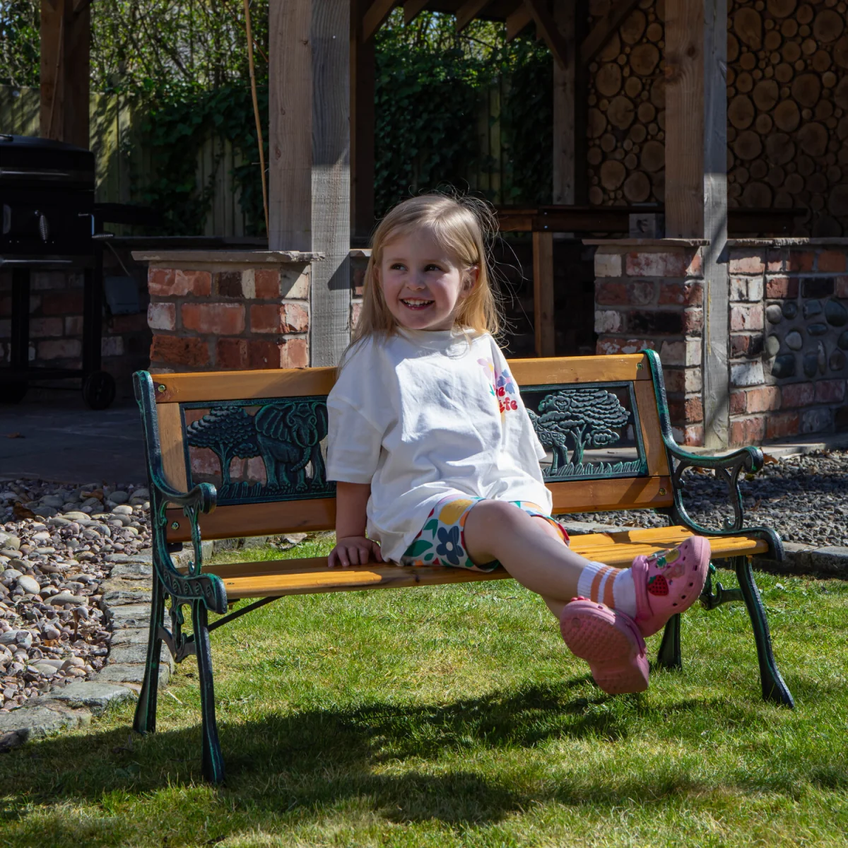 2 Seater Wooden and Cast Iron Children Bench with Animal Design - Brown – image 13