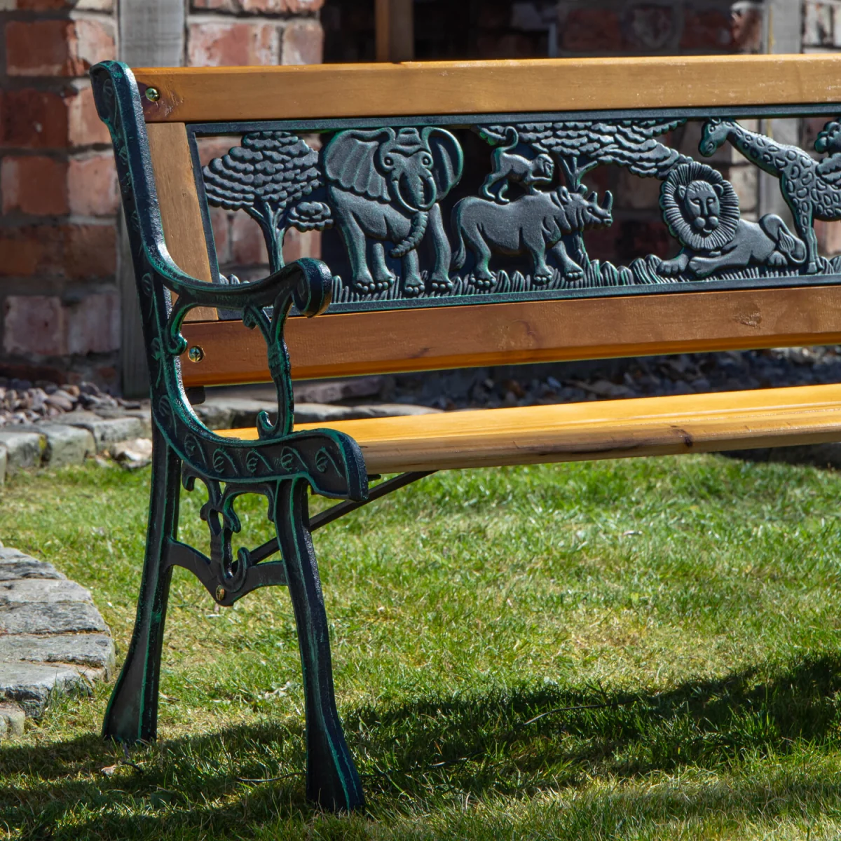 2 Seater Wooden and Cast Iron Children Bench with Animal Design - Brown – image 8