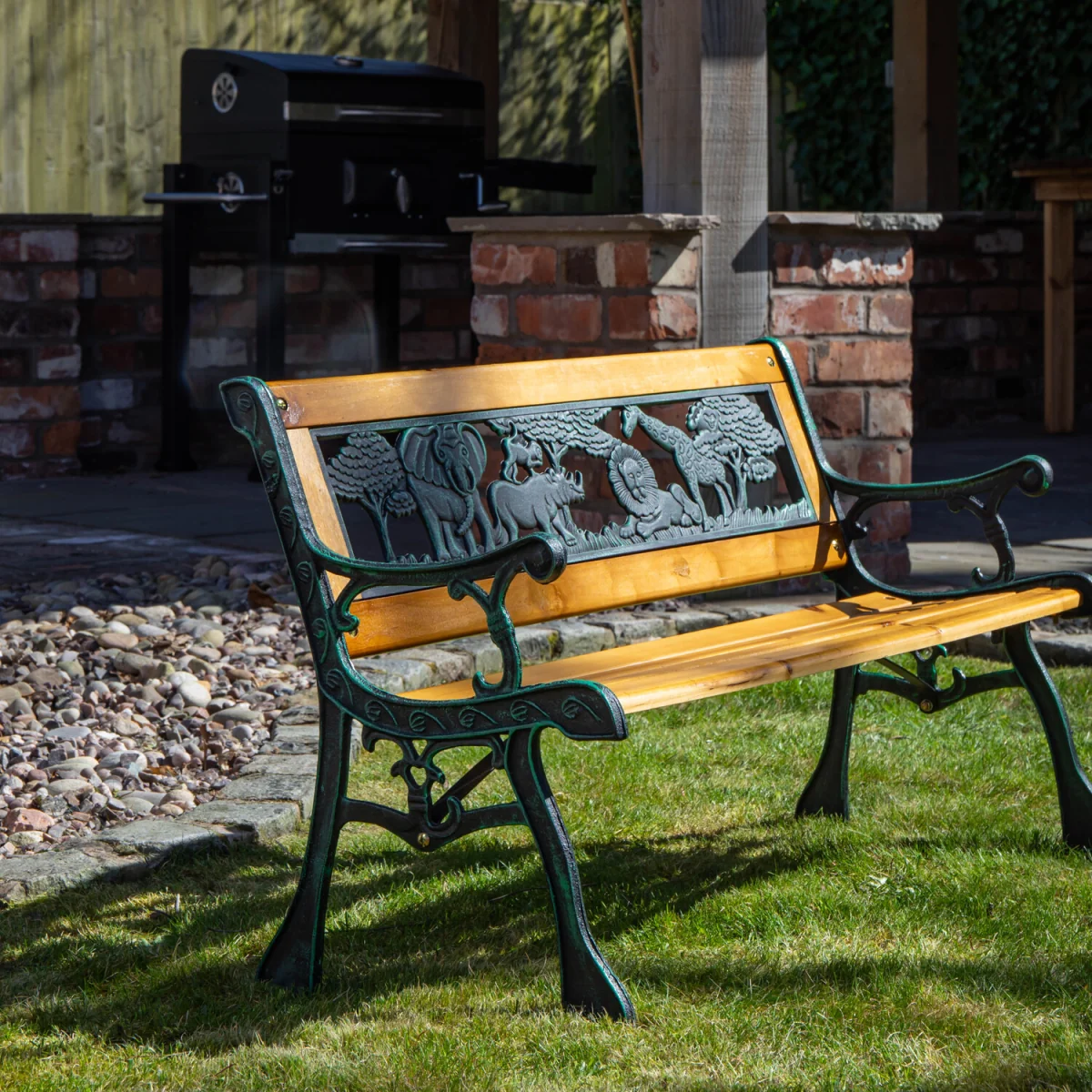 2 Seater Wooden and Cast Iron Children Bench with Animal Design - Brown – image 9