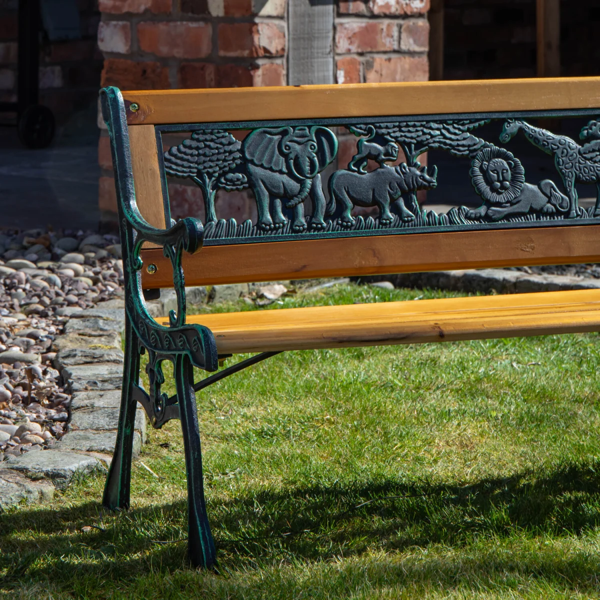 2 Seater Wooden and Cast Iron Children Bench with Animal Design - Brown – image 10